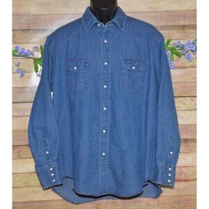 Vintage Wrangler Pearl Snap Denim Jean Shirt Men's XL Cowboy Workwear Classic